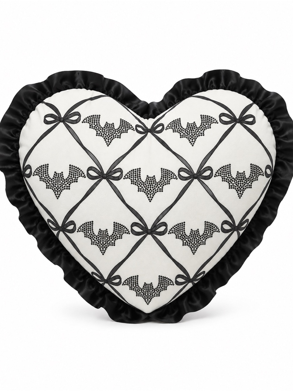 New! Black and White Heart Shaped Bow Ribbon & Bat Throw Pillow w/ Rhinestones
